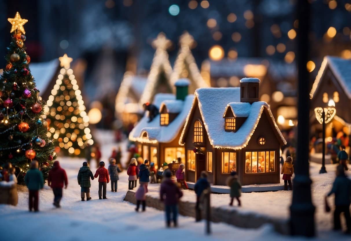 A festive Christmas village with colorful stalls, twinkling lights, and a towering Christmas tree. People stroll through the market, browsing handmade crafts and sipping on hot cocoa