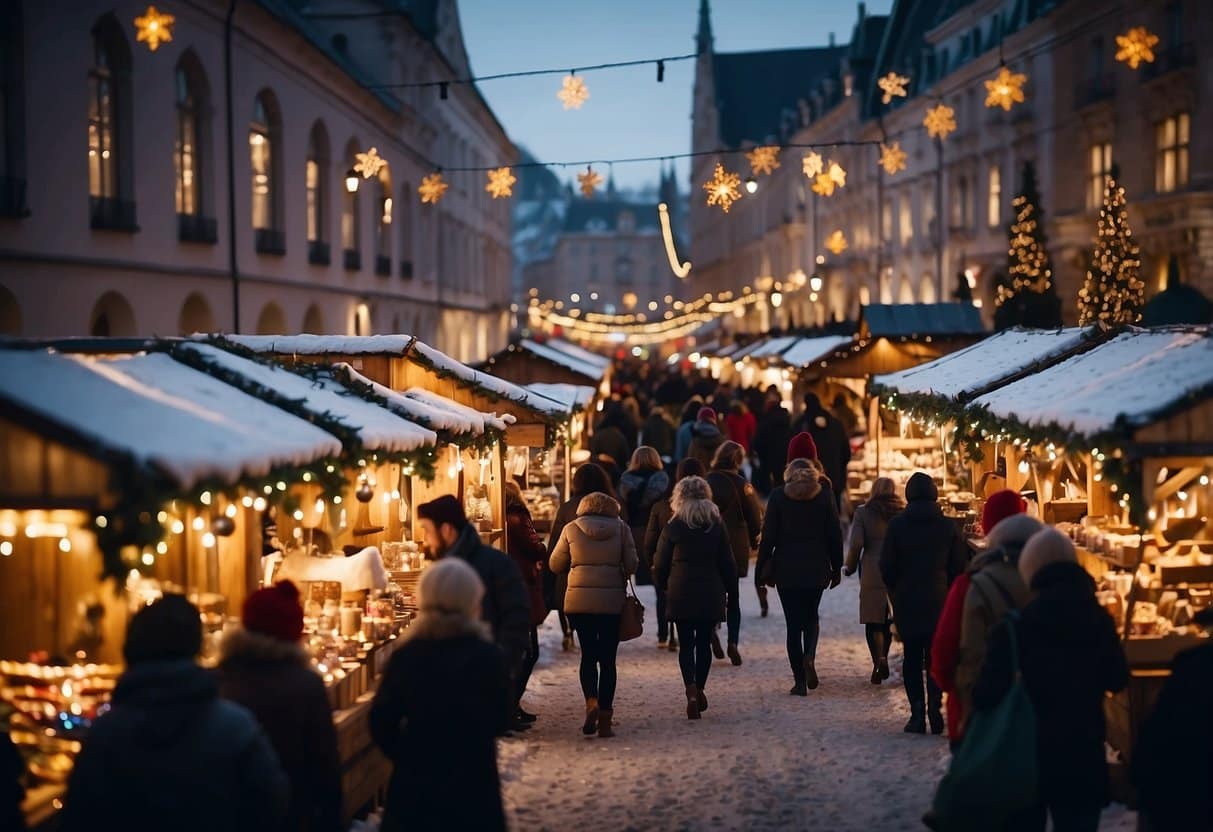 A bustling Christmas market with colorful stalls, twinkling lights, and festive decorations. People browse through handmade crafts, sip on hot cocoa, and enjoy the merry atmosphere