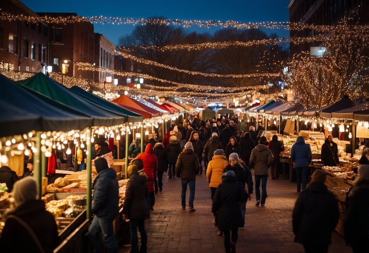 Colorful lights adorn festive market stalls in Illinois. Snow-covered trees glisten in the winter night. A cozy atmosphere fills the air as visitors browse for holiday gifts