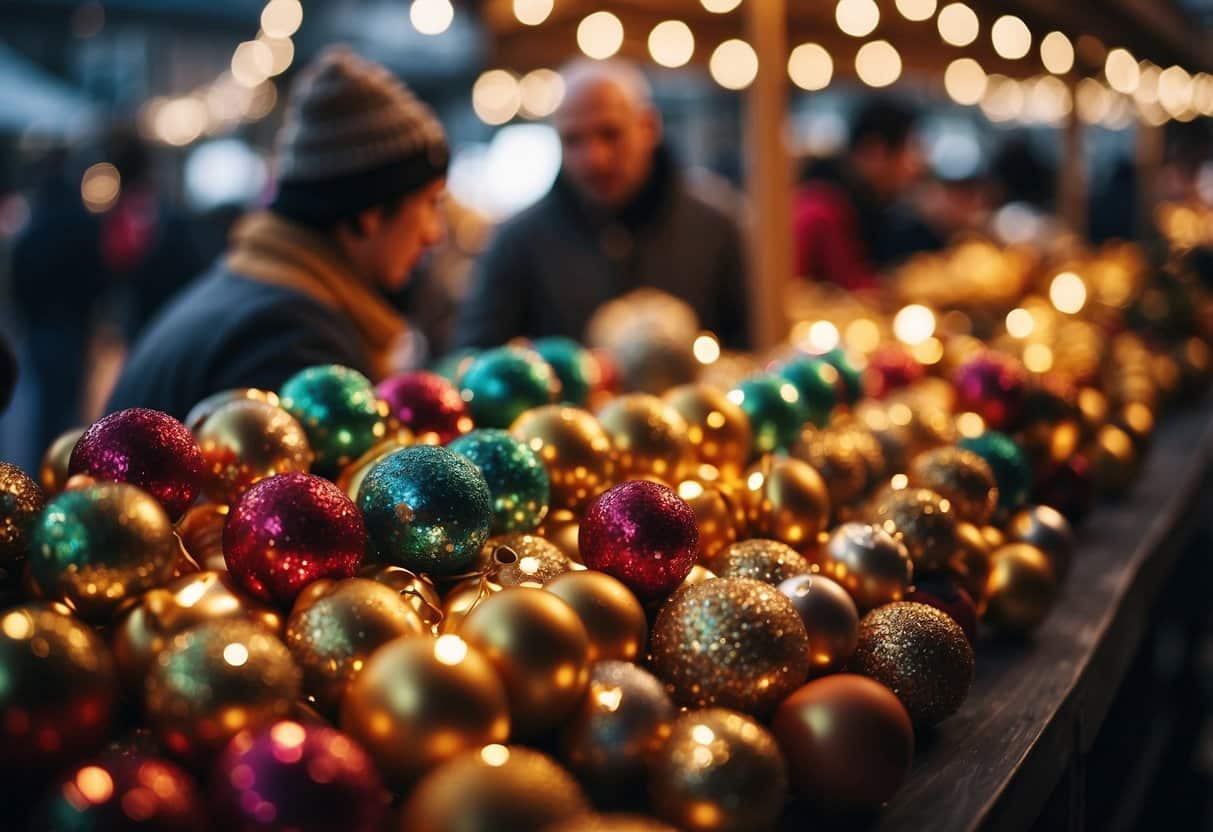 A festive market with twinkling lights, festive decorations, and colorful stalls selling handmade gifts and delicious holiday treats