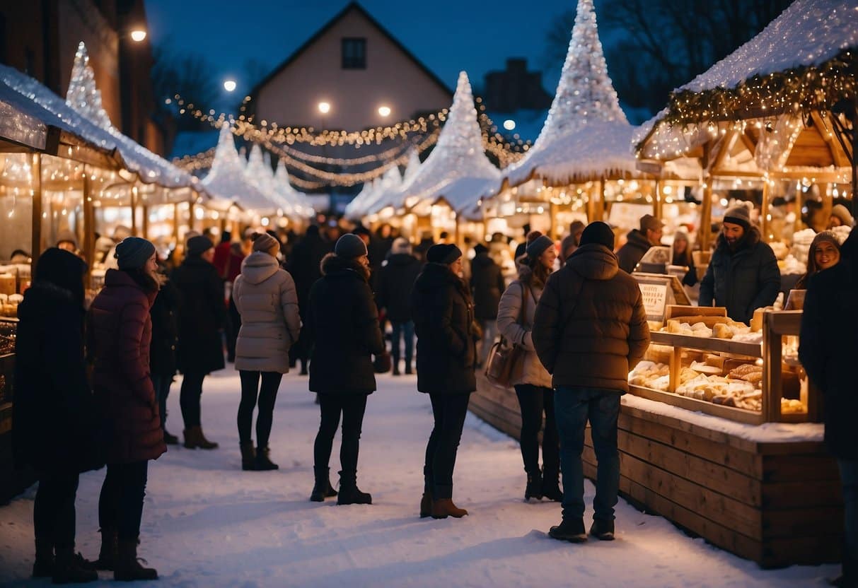 The festive market is aglow with twinkling lights, showcasing an array of handcrafted goods and delicious treats. A towering ice sculpture takes center stage, surrounded by cheerful visitors enjoying the holiday spirit