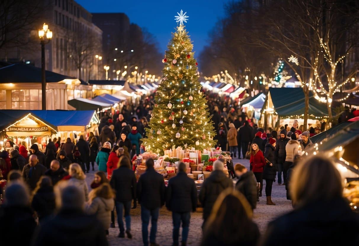 A festive holiday market with colorful stalls, twinkling lights, and bustling crowds. A giant Christmas tree stands in the center, surrounded by vendors selling handmade gifts and seasonal treats