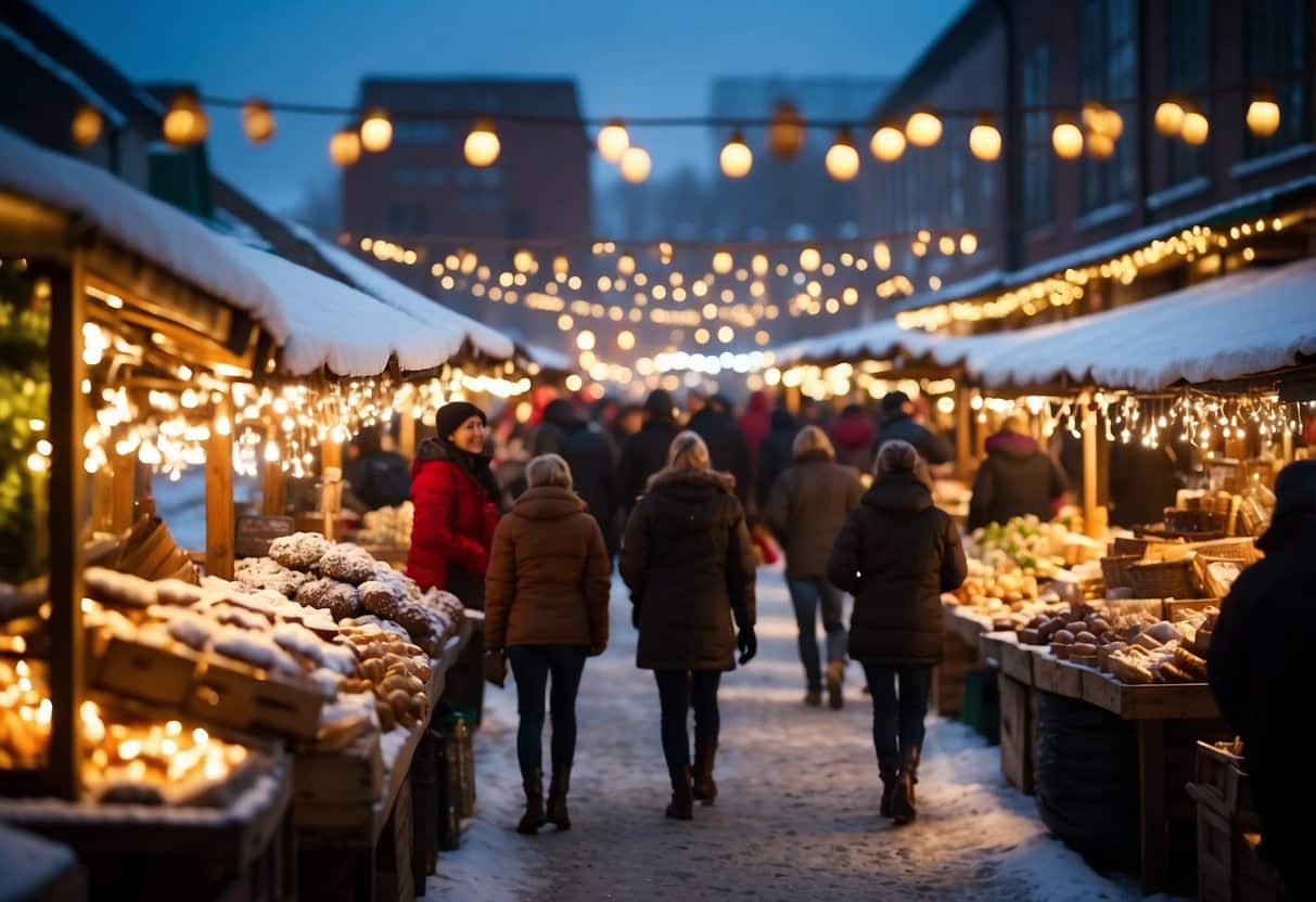 Vibrant market stalls line snowy streets, adorned with twinkling lights and festive decorations. Shoppers browse locally made crafts and artisanal goods, while the scent of hot cocoa and cinnamon fills the air