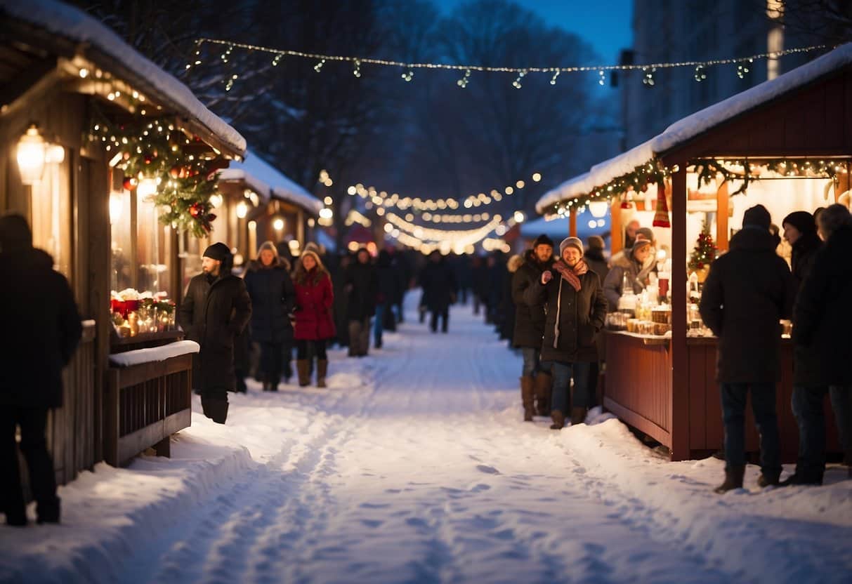 Crowds browse festive stalls, sipping hot cocoa and admiring twinkling lights. Snow-covered booths offer handmade crafts and holiday treats, while carolers fill the air with joyful music