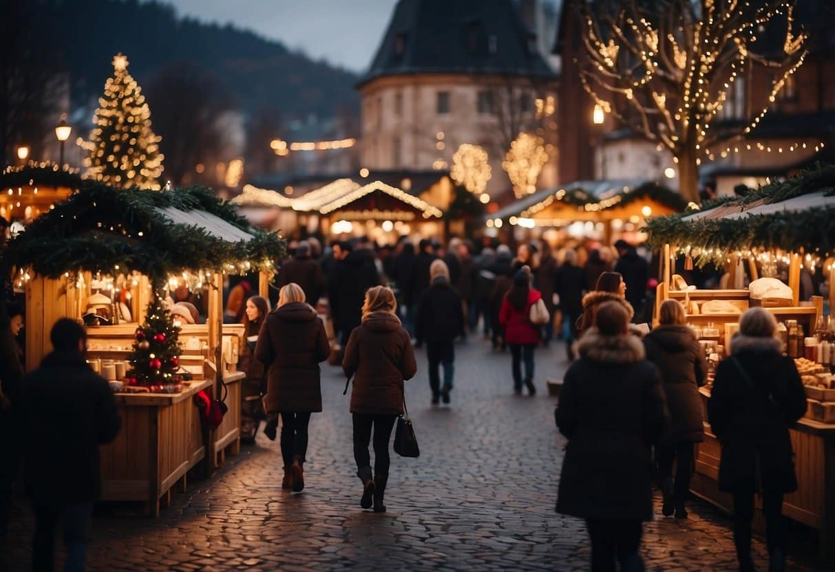 A bustling Christmas market with charming wooden stalls, twinkling lights, and festive decorations. People browse through handmade crafts, sip on hot cocoa, and listen to carolers