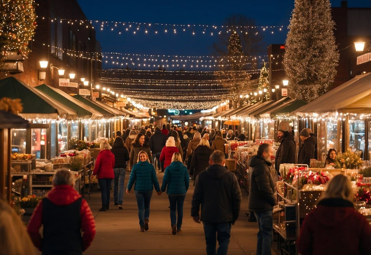 The bustling Tinsel Town Market in Twin Falls, Idaho, features festive stalls, twinkling lights, and joyful shoppers browsing for unique holiday gifts