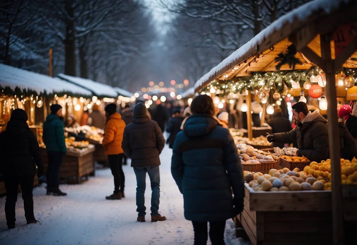 The bustling Ketchum Holiday Market is adorned with festive lights and colorful stalls, creating a lively and cheerful atmosphere