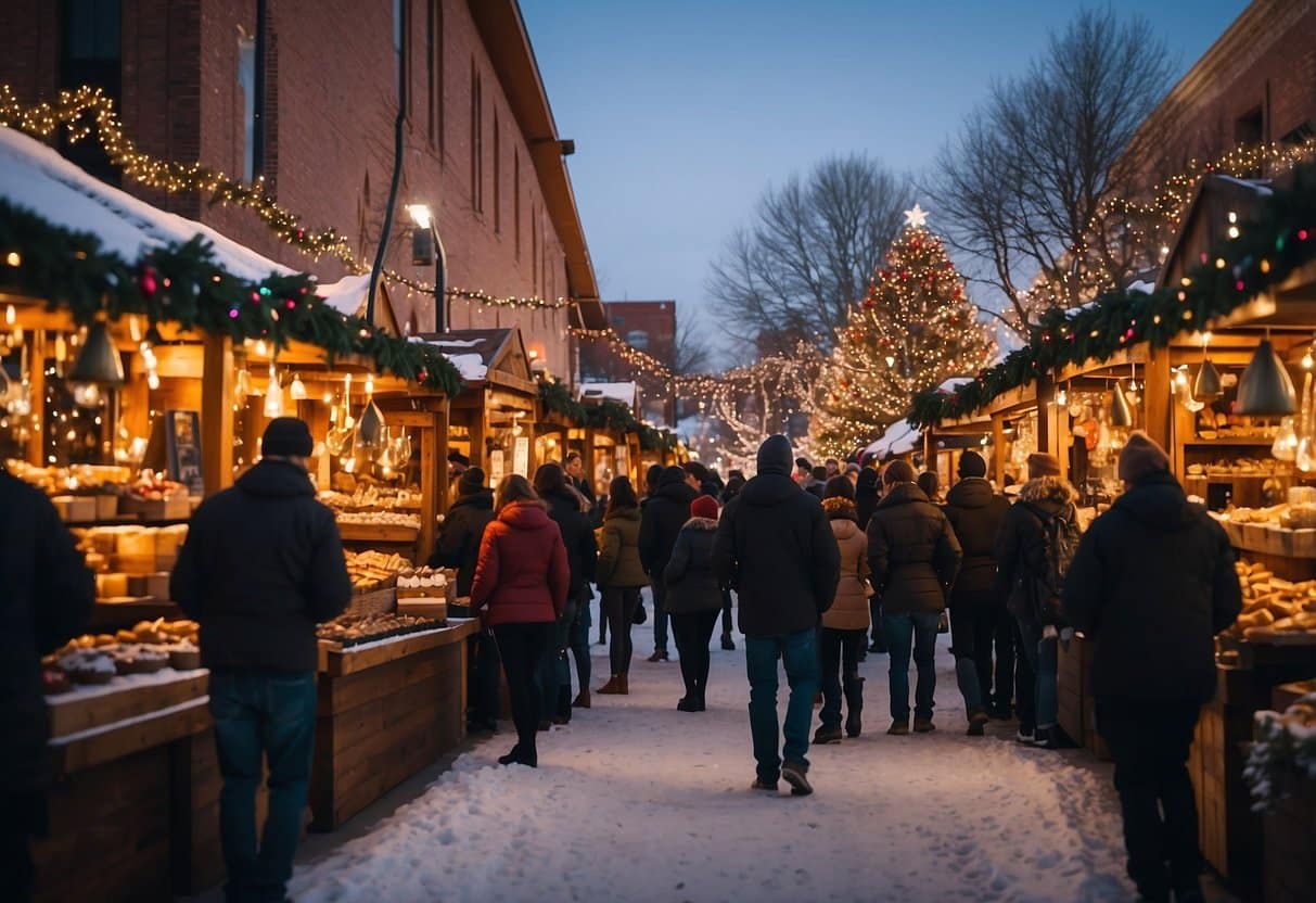 A bustling Christmas market in Boise, Idaho, with colorful stalls, twinkling lights, and festive decorations. Vendors sell handmade crafts, hot beverages, and seasonal treats