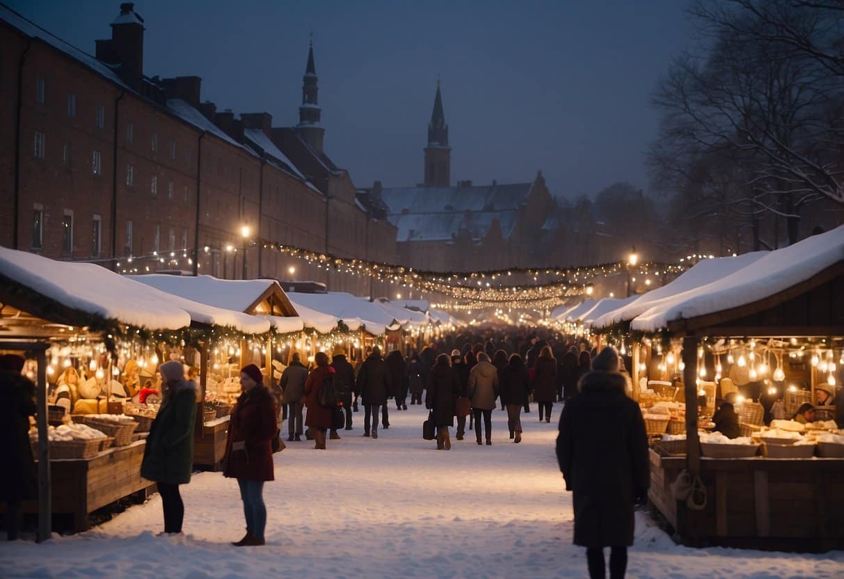 A bustling winter market with festive stalls, twinkling lights, and snow-covered rooftops. Visitors browse handmade crafts and sip hot cocoa as carolers sing