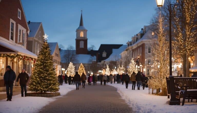 People walk down a snowy, decorated street with a large Christmas tree on the left and a church in the background at dusk.