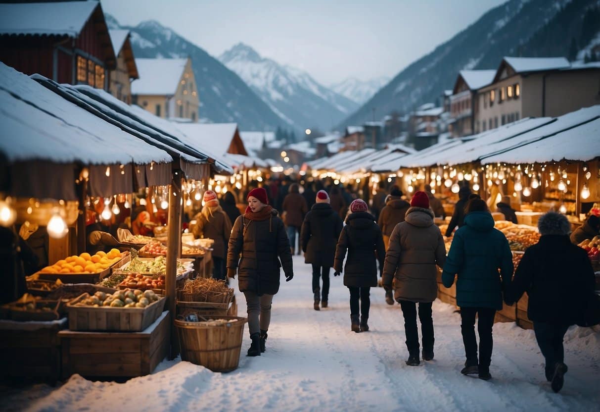 A festive market with colorful stalls and twinkling lights, surrounded by snow-covered mountains and filled with joyful shoppers and vendors