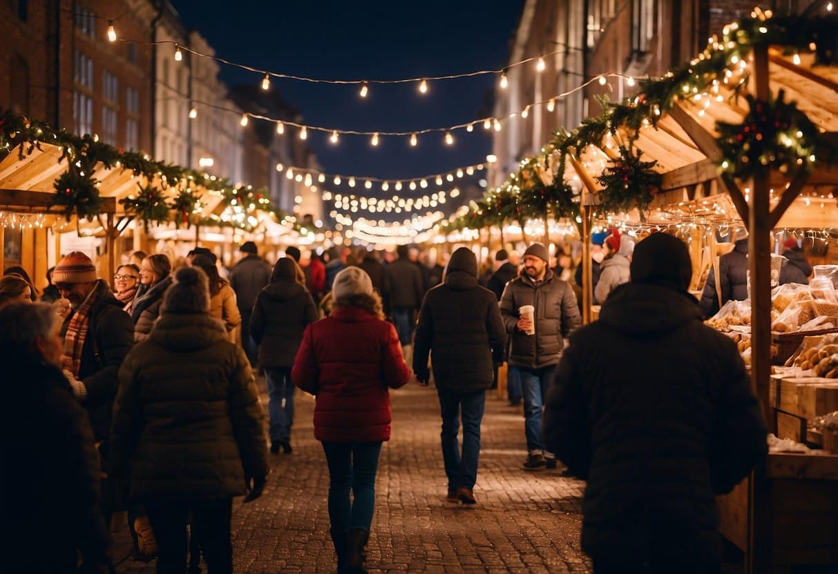 The Macon Christmas Market is bustling with festive activity. Brightly lit stalls offer an array of holiday goods while the scent of cinnamon and pine fills the air. The sound of cheerful carols and laughter creates a joyful atmosphere