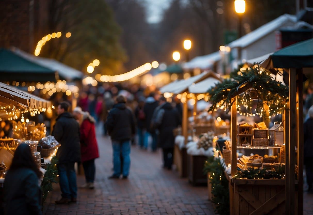 The Athens Christmas Market is bustling with festive stalls, twinkling lights, and joyful carolers. A towering Christmas tree stands in the center, surrounded by families enjoying the holiday spirit