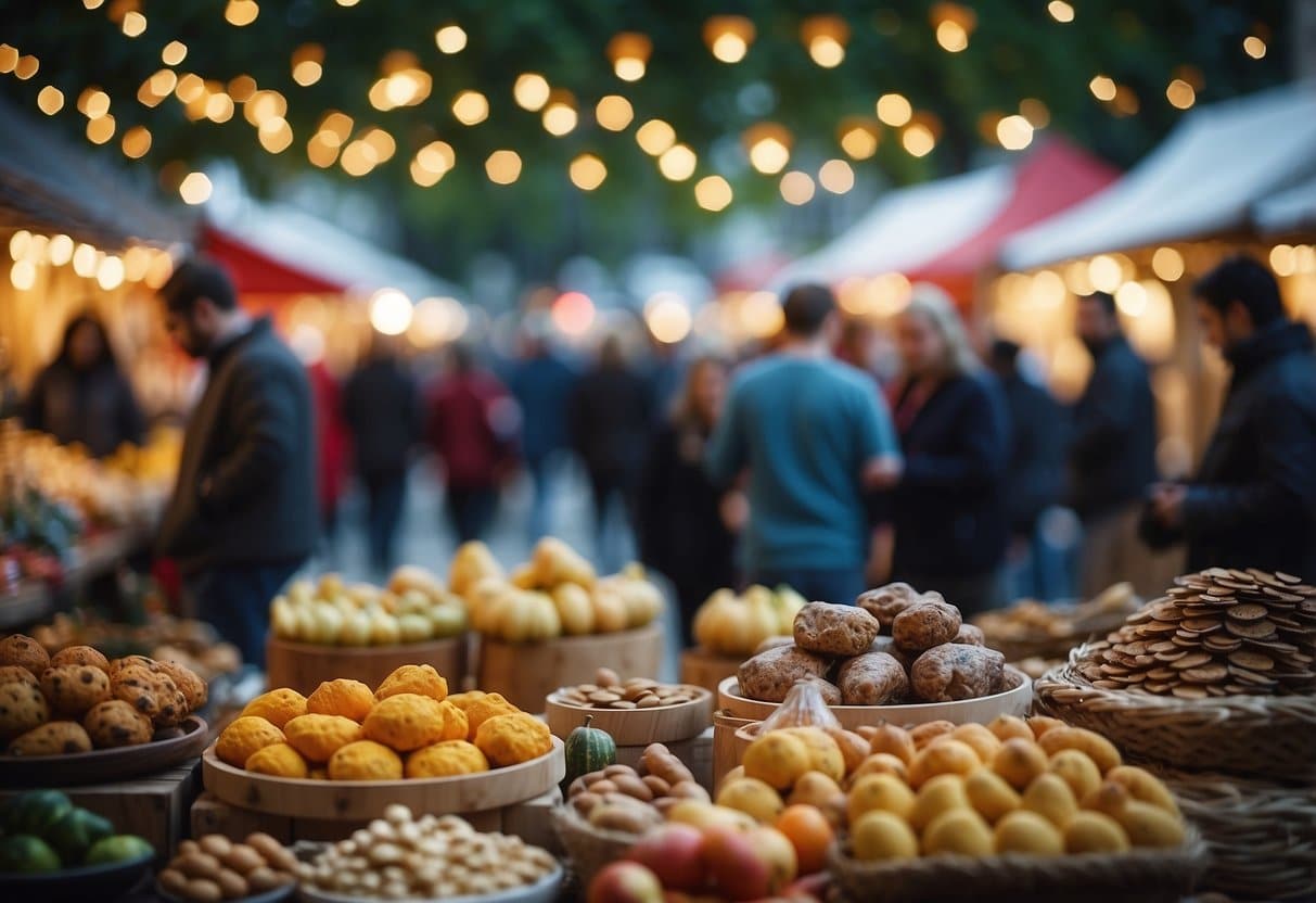 The Nacoochee Village Christmas Market bustles with festive activity, featuring colorful stalls, twinkling lights, and cheerful carolers