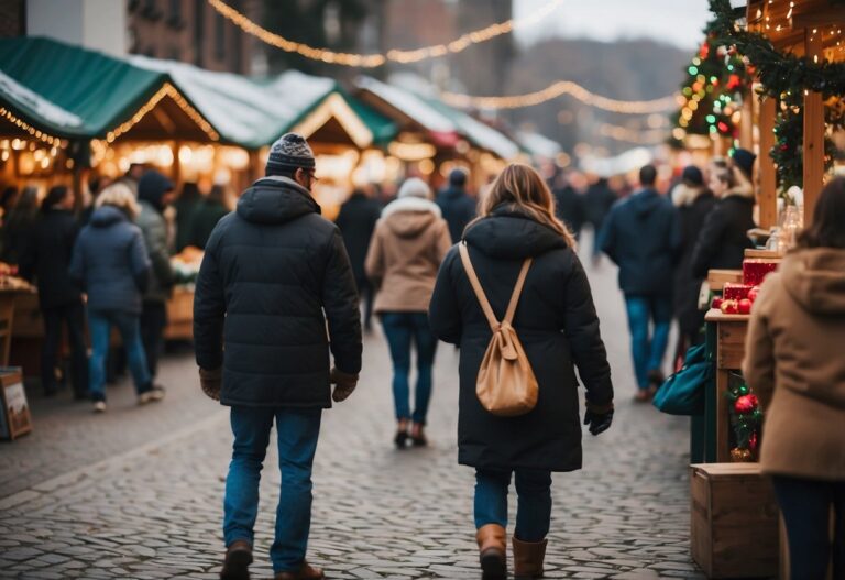 People stroll through one of the Top 10 Christmas Markets in Georgia, USA, enjoying the decorated stalls and twinkling string lights, bundled up in cozy winter clothing.