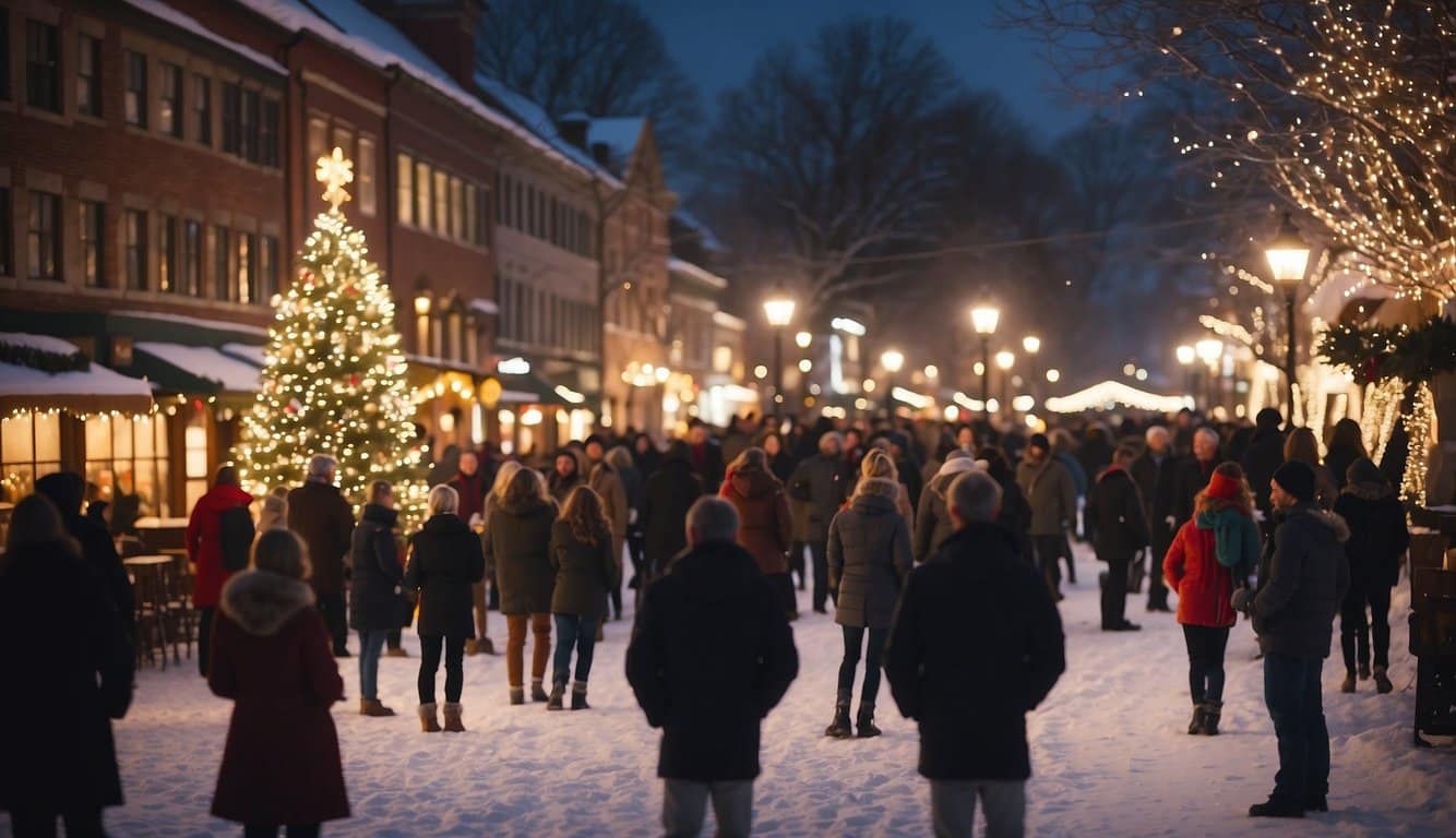 A cozy town square adorned with twinkling lights, a towering Christmas tree, and festive decorations. Snow gently falls as families gather for caroling and sipping hot cocoa