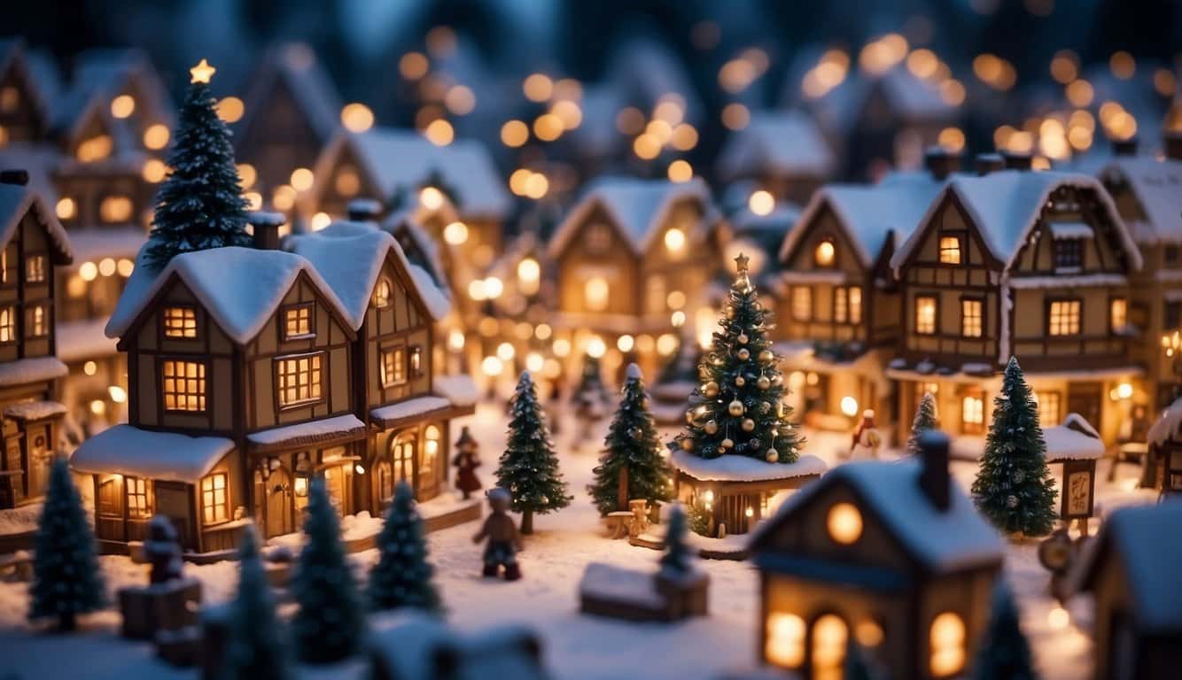 A miniature, snow-covered Christmas village scene with illuminated houses, decorated trees, and small figurines, creating a festive atmosphere.