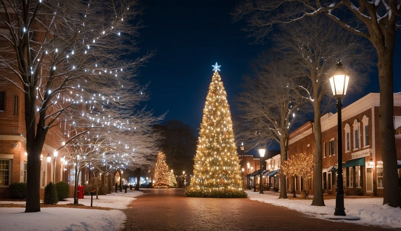 Dahlonega's town square glows with twinkling lights, a towering Christmas tree, and festive decorations adorning the historic buildings. Snow gently falls, creating a picturesque scene of small town holiday charm