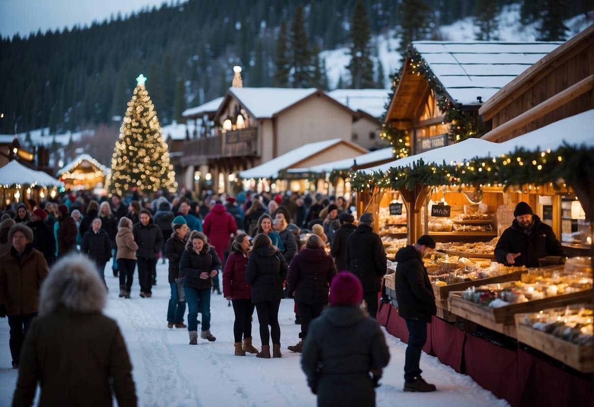 A bustling Christmas market with 1000 twinkling lights, festive stalls, and joyful crowds in Colorado