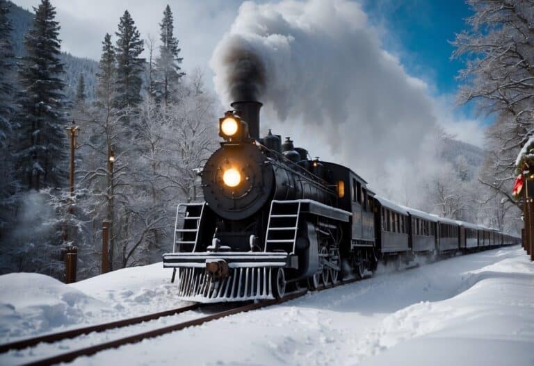 A steam locomotive chugs through a snowy landscape adorned with pine trees, evoking the charm of the Top 10 Christmas Markets in Colorado, as it releases wisps of smoke beneath the clear winter sky.