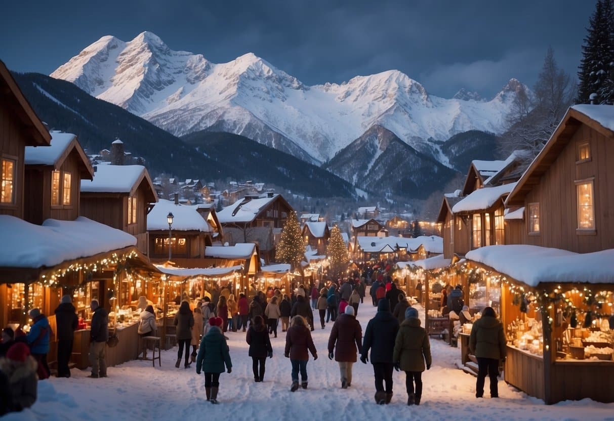 A snowy mountain town with colorful stalls selling handmade ornaments, hot cocoa, and festive treats. Twinkling lights and holiday music create a joyful atmosphere