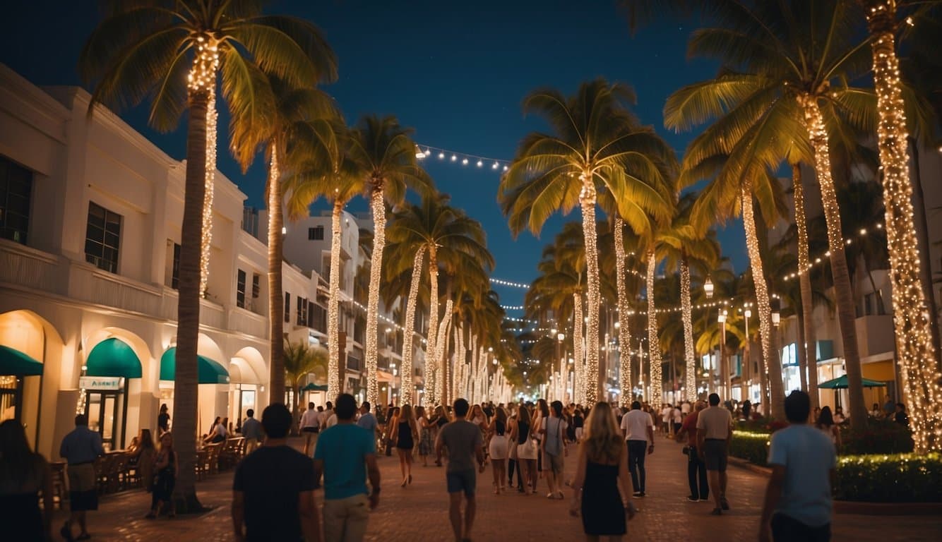 A bustling Miami street lined with palm trees and colorful holiday lights, with people enjoying outdoor holiday activities and festive decorations