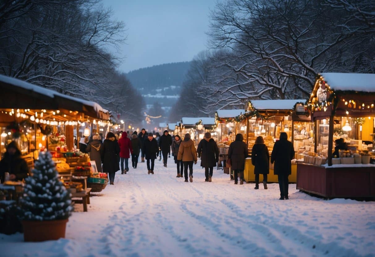 A snowy landscape with colorful stalls selling handmade crafts, hot drinks, and festive treats. People wander among twinkling lights and decorated trees, enjoying the holiday spirit