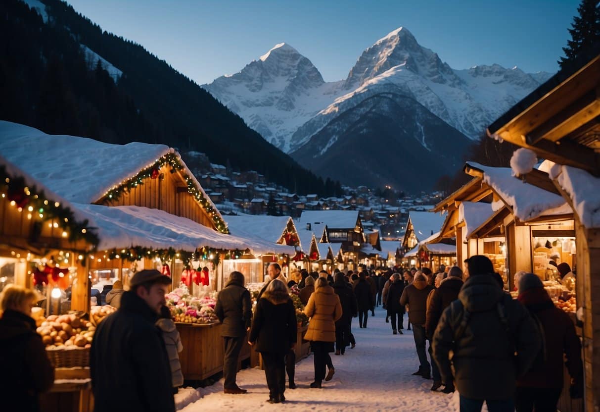 A bustling Christmas market with colorful stalls, twinkling lights, and festive decorations. Snow-capped mountains provide a stunning backdrop as visitors browse and enjoy the holiday spirit