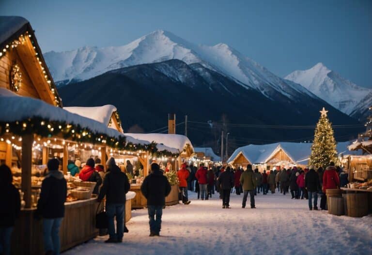 A bustling outdoor Christmas market, ranked among the Top 10 Christmas Markets in Alaska, features wooden stalls, festive lights, and a large decorated tree. Snow-covered mountains are visible in the background under a clear sky.