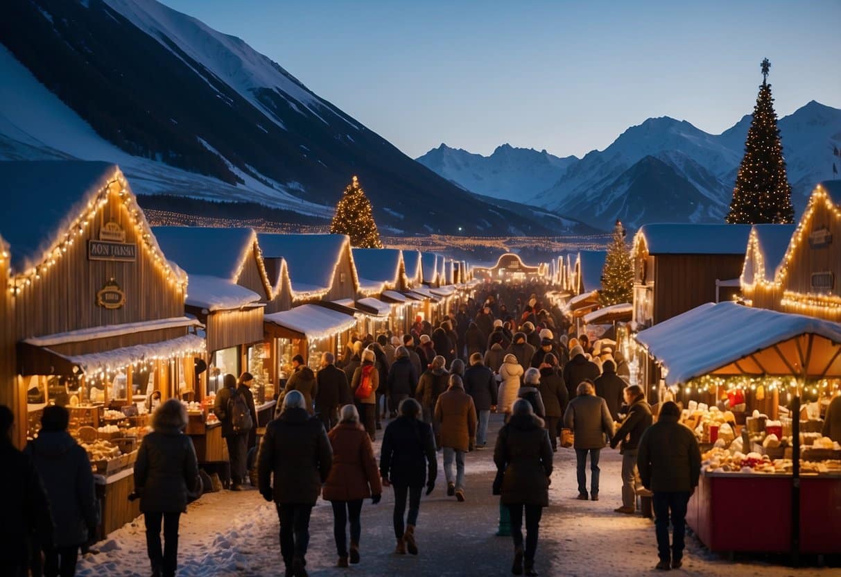 A festive market with wooden stalls, twinkling lights, and snow-covered evergreen trees. A sign reads "Homer Holiday Market Top 10 Christmas Markets in Alaska."