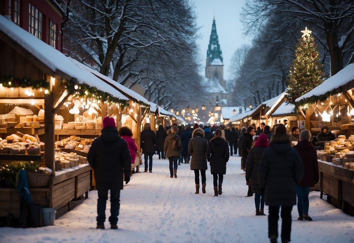 The market is bustling with vendors selling traditional Scandinavian goods. Snow-covered wooden stalls line the streets, adorned with festive decorations and twinkling lights. A giant Christmas tree stands in the center, surrounded by joyful shoppers