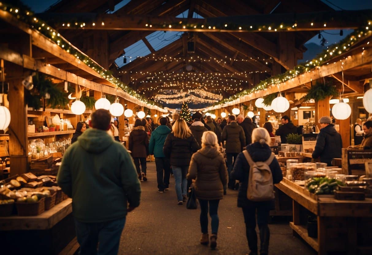 The bustling Sitka Artisans Market features holiday-themed crafts and gifts, with twinkling lights and festive decorations creating a cozy and inviting atmosphere