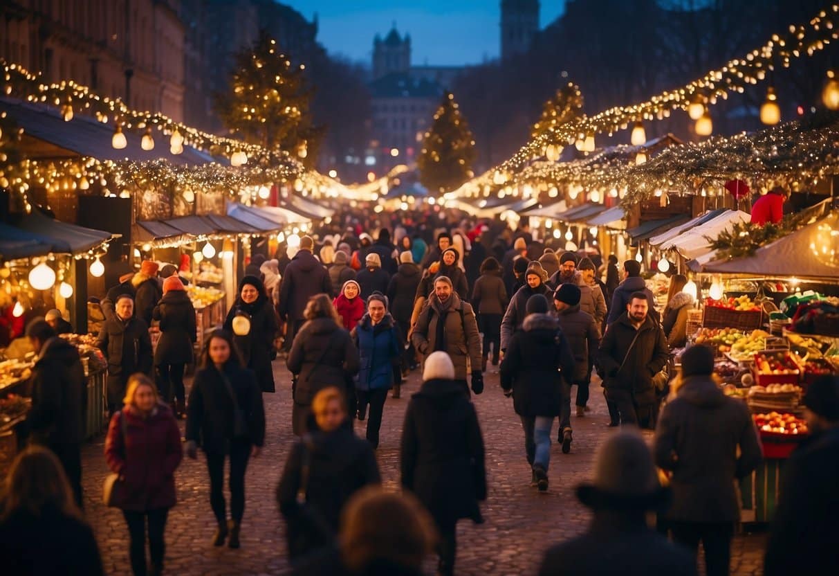 A festive scene with colorful market stalls, twinkling lights, and bustling crowds browsing through holiday gifts and decorations