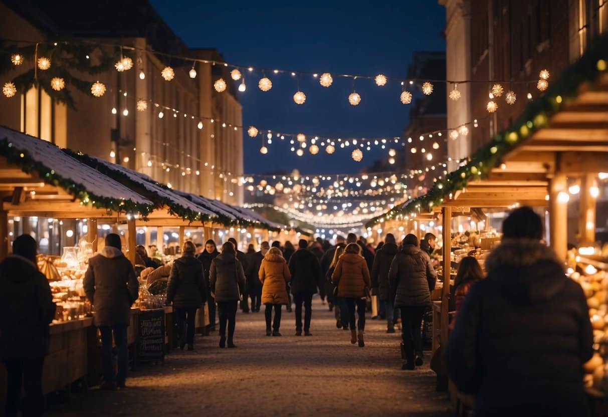 A bustling holiday market with twinkling lights, festive decorations, and vendors selling handmade crafts and local treats. The scent of hot cocoa and cinnamon fills the air