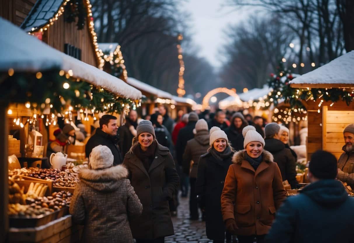 Crowds browse festive stalls at Arkansas Christmas markets, surrounded by twinkling lights and the scent of hot cocoa and roasted chestnuts