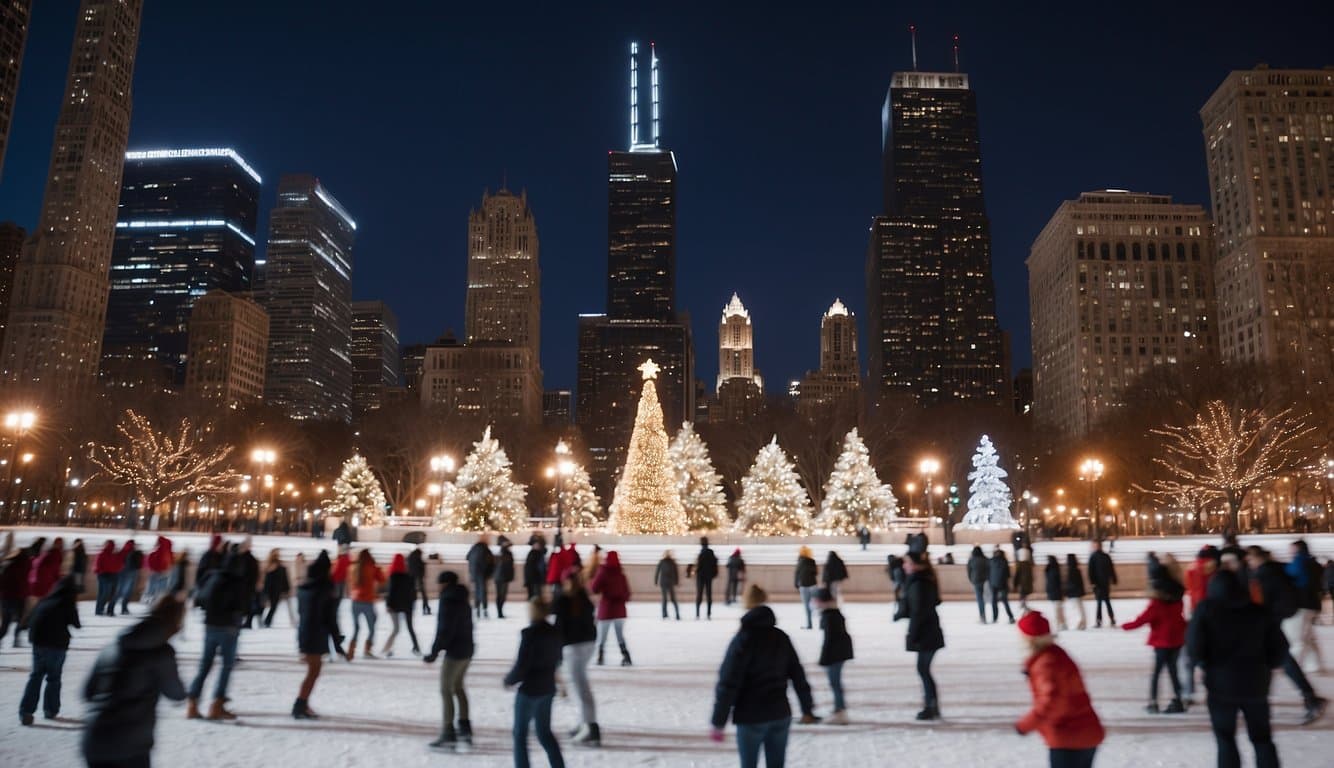 Snow-covered Chicago skyline with twinkling lights, ice skaters on Millennium Park's rink, festive decorations along Michigan Avenue