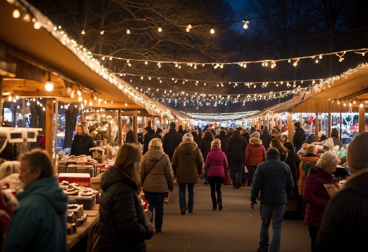 Snow-covered market stalls with twinkling lights, festive decorations, and joyful shoppers browsing through handmade crafts and seasonal treats