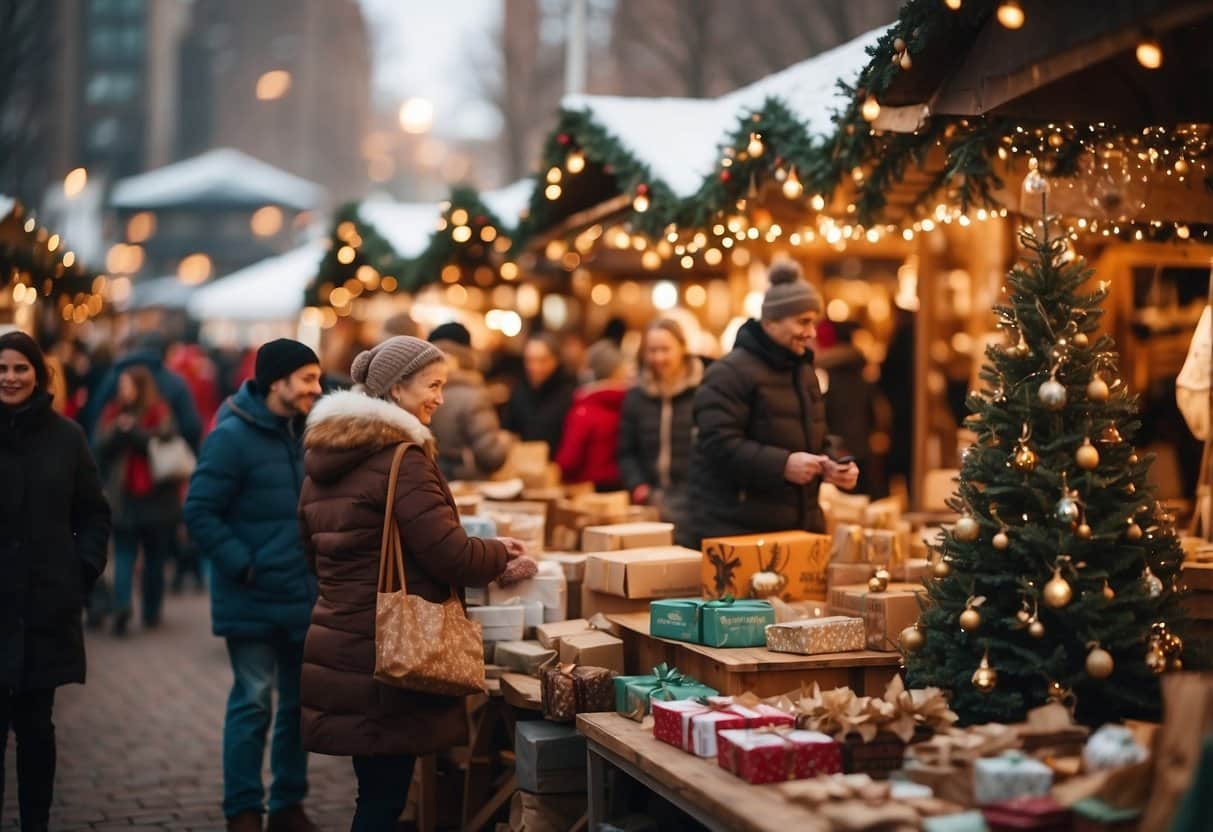 A festive market with twinkling lights, cozy wooden stalls, and a giant Christmas tree. People stroll, sipping hot cocoa and browsing handcrafted gifts. Snowflakes fall gently, creating a winter wonderland