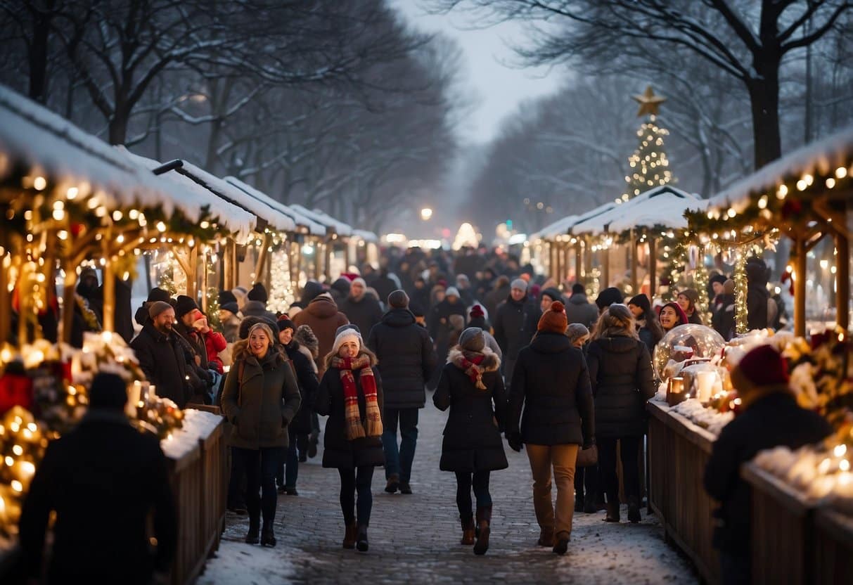 Visitors bustling through rows of festive stalls, adorned with twinkling lights and holiday decorations. A giant Christmas tree stands in the center, surrounded by the scent of hot cocoa and the sound of cheerful carolers