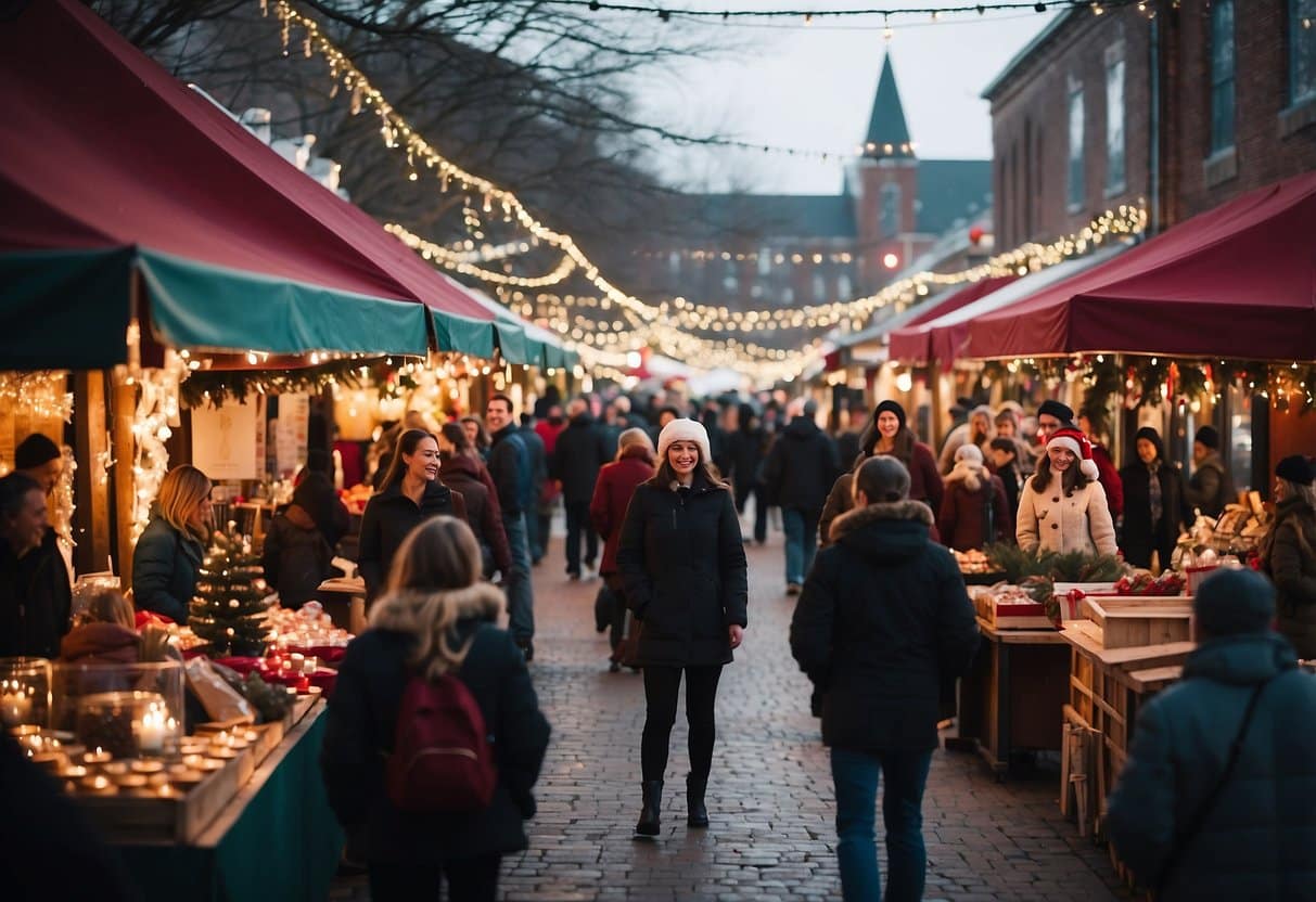 A bustling Christmas market in Fort Smith, Arkansas with festive decorations, vendors selling holiday goods, and families enjoying the Yule Fest atmosphere