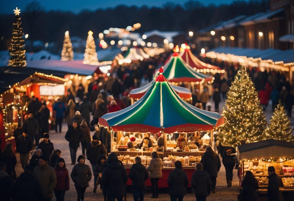 A festive scene with colorful stalls, twinkling lights, and bustling crowds at the top 10 Christmas markets in Arkansas