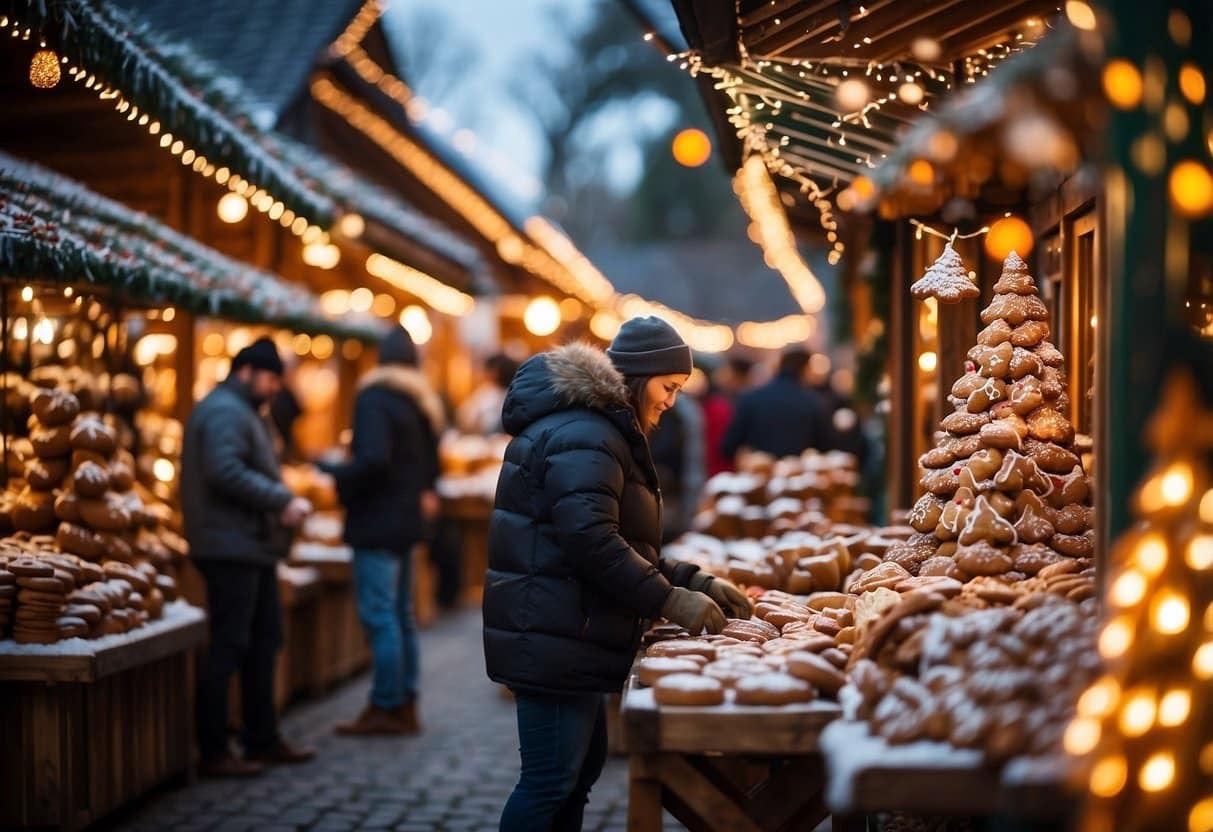 A bustling gingerbread market with colorful stalls and twinkling lights at Mobile's Top 10 Christmas markets in Alabama