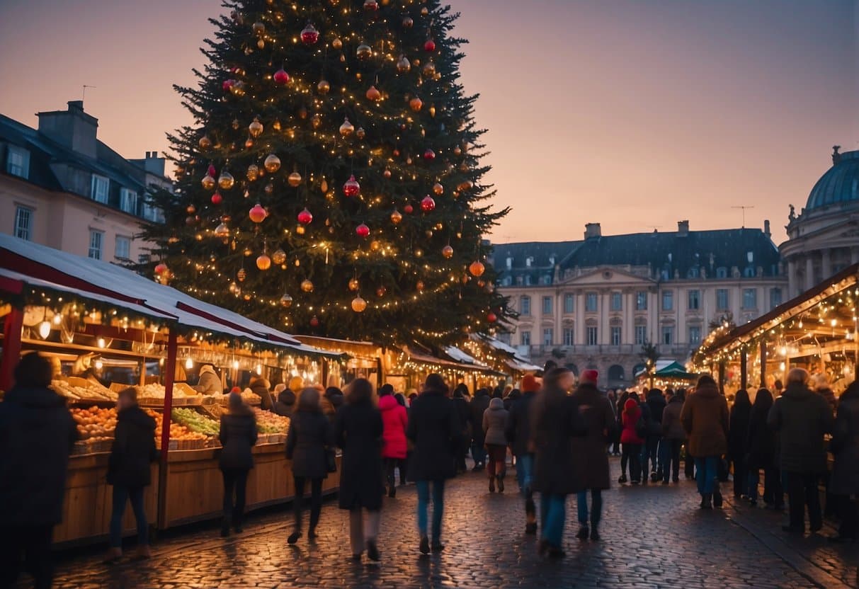 Colorful stalls line the streets, filled with festive decorations and twinkling lights. The air is filled with the scent of roasted chestnuts and hot mulled wine. A giant Christmas tree stands in the center, surrounded by joyful visitors