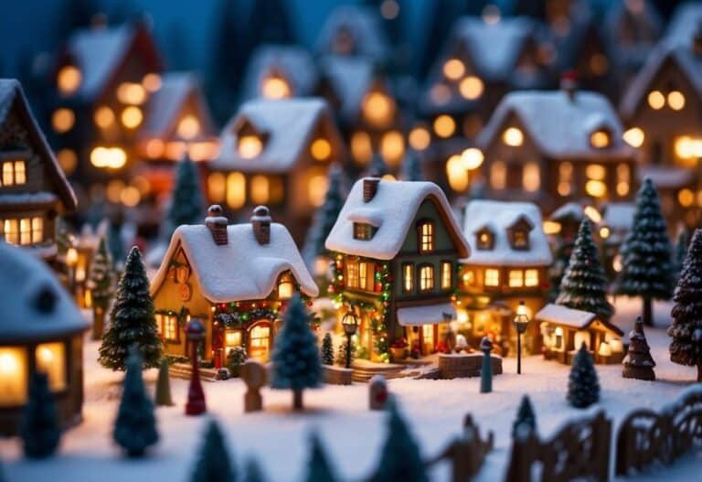 A miniature snowy village scene captures the charm of the Top 10 Christmas Markets in Alabama, with lit, decorated houses, snow-covered trees, and small figures on bustling streets.