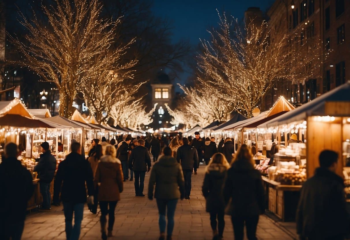 A bustling holiday market with twinkling lights, festive decorations, and vendors selling handmade gifts and seasonal treats