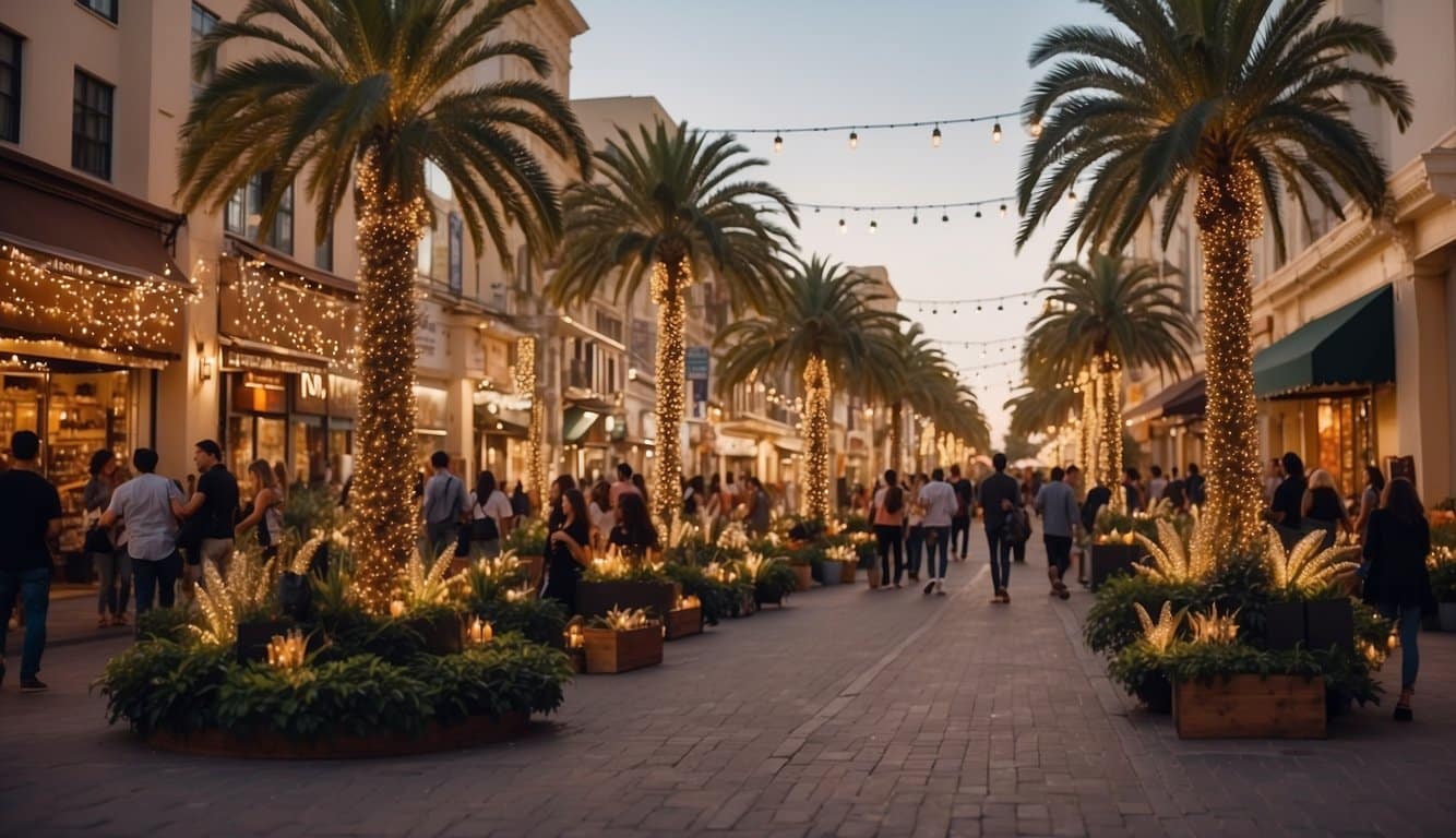 A bustling city street lined with palm trees and twinkling lights, with storefronts decorated in festive holiday decor and people enjoying outdoor activities