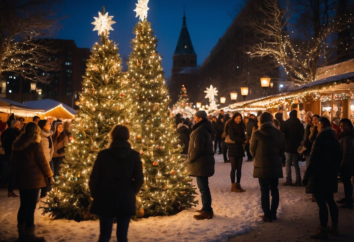 The Tinsel Trail Market buzzes with festive energy, as vendors display twinkling lights, handmade ornaments, and fragrant evergreen wreaths. A giant Christmas tree towers over the market, adorned with sparkling decorations