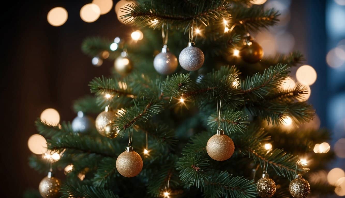 A Christmas tree adorned with ornaments representing the stages of evolution, from single-celled organisms to modern humans, surrounded by twinkling lights and a star topper