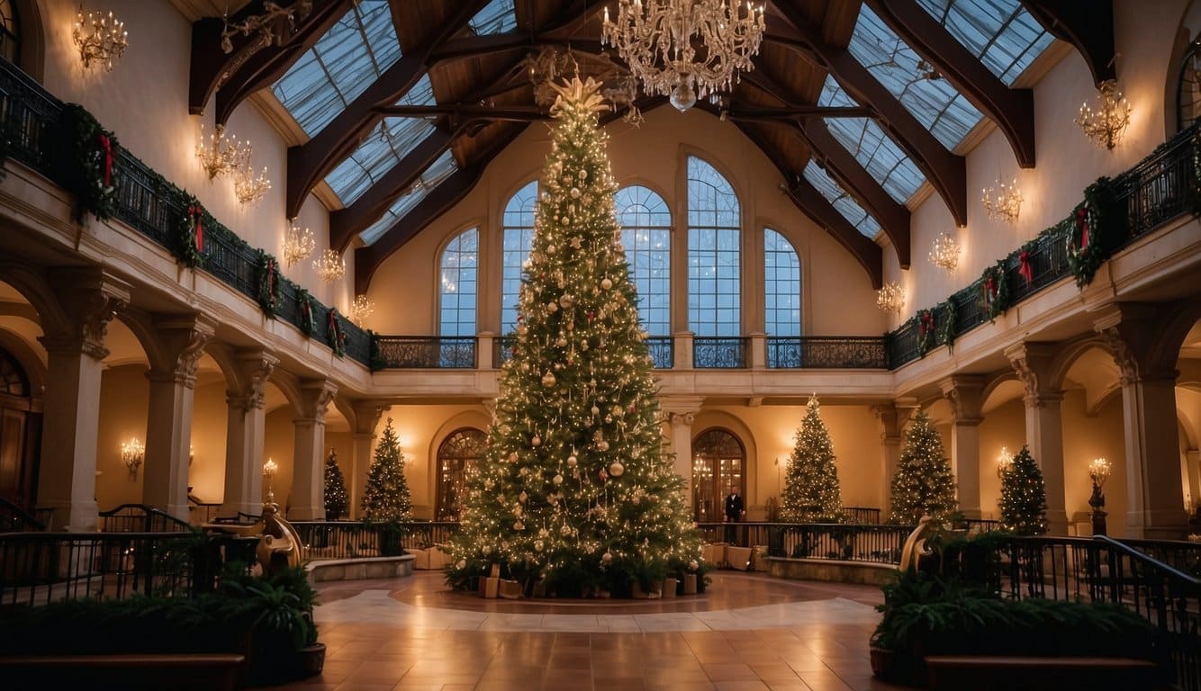 The grand Biltmore Estate adorned with festive lights and decorations, a towering Christmas tree in the grand hall, and a cozy hearth crackling with warmth