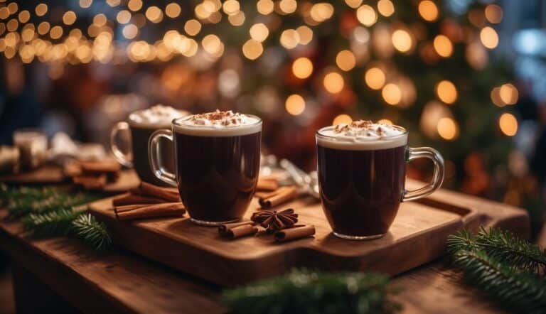 Three must-try holiday beverages, steaming mugs of hot chocolate topped with whipped cream and cinnamon, sit on a wooden tray. Festive blurred lights and pine branches create the perfect Christmas backdrop.